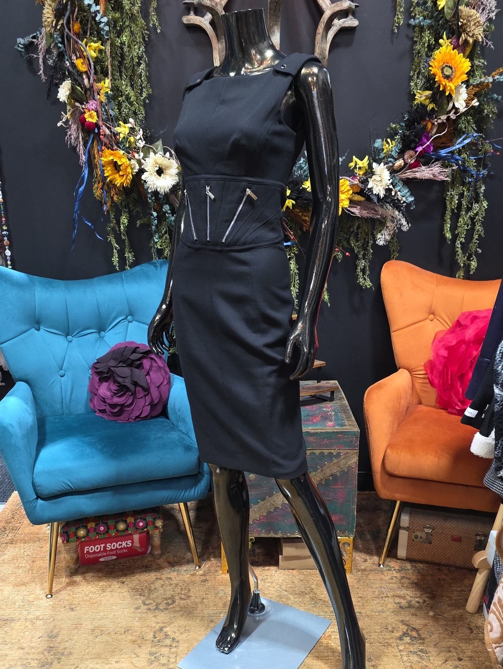 Karen Millen Black Midi Sheath Dress with Zip Accents
